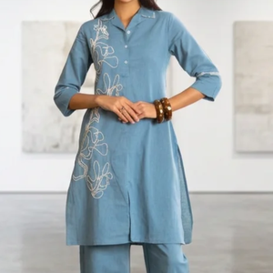 Blue <b>Linen</b> Embroidered Kurta <b>Set</b> Turn-down Collar Three Quarter Sleeve Loose Fit Midi Dress Casual Pants Summer Wear - Product Image 4