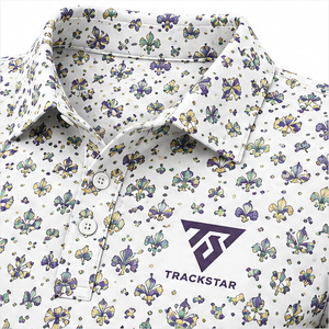 Polo pour homme Trackstar, blanc, motif multicolore imprimé, manches courtes, col boutonné, chemise de golf décontractée, logo personnalisé - Product Image 6