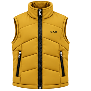 Chaleco acolchado sin mangas para hombre, color amarillo mostaza, con cuello alto, cremallera completa y bolsillos con cremallera, para uso en exteriores en invierno. - Product Image 1