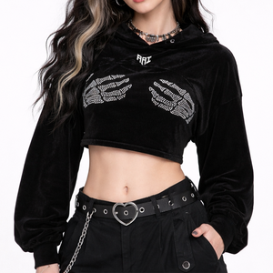 Trendy Women Cropped Soft Fleece Hoodie <b>Rhinestone</b> Graphic Long Sleeve Streetwear <b>Top</b> Custom Logo Private Label Bulk Manufacture - Product Image 2