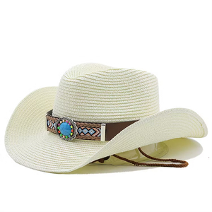Black Straw Cowboy <b>Hat</b> With Embroidered <b>Band</b> And Turquoise Concho Unisex Outdoor Spring Summer Adult 56-58cm - Product Image 3