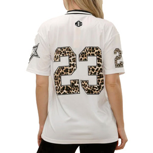Maillot de football américain blanc pour femme, imprimé léopard, numéro 23, en maille, style streetwear, maillot de match, vêtements d'entraînement personnalisés pour équipe - Product Image 4