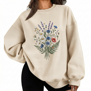 Sweat-shirt pour femmes avec fleurs brodées, coton biologique, fibre de bambou, léger, surdimensionné, décontracté, streetwear - Product Image 6