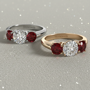 Anillo de Compromiso con Tres Piedras de Diamante Cultivado en Laboratorio Stonewels, con Rubíes Laterales, en Oro, Certificado, de Lujo, para Novia - Product Image 4