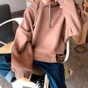 Sweat-shirt à capuche surdimensionné pour femme, couleur unie jaune, en coton tricoté respirant, pour l'automne, longueur normale, manches longues - Product Image 3