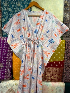Handmade Cotton Floral Kimono Robe Oversized <b>Kaftan</b> V-neck Ankle-Length Casual Dress Feather Trim Sustainable Natural Waist All - Product Image 4