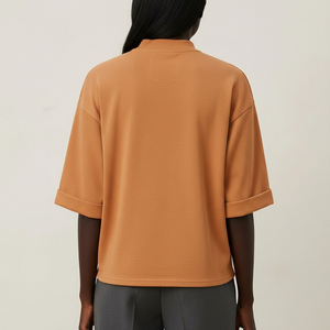 T-shirt en tricot uni beige surdimensionné pour femme, vêtements décontractés en coton doux, streetwear, manches courtes, col rond, écologique - Product Image 4