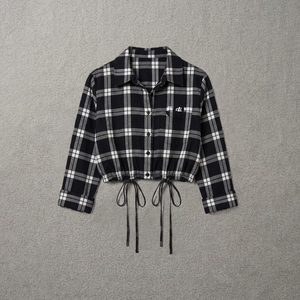 Checkered Black White women's shirt Button Down Crop Shirt <b>Long</b> <b>Sleeve</b> Casual <b>Top</b> Adjustable Hem Drawstrings Custom Logo Regular - Product Image 3