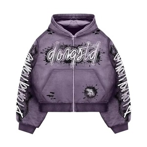 Custom Rhinestone Streetwear Hoodie Heavyweight French Terry Vintage Boxy <b>Cropped</b> <b>Zip</b> <b>Up</b> Hoodie High Quality OEM Wholesale - Product Image 3