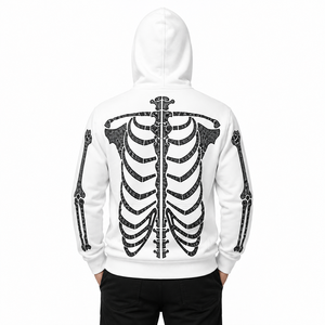 Men’s White Skeleton Rhinestone Hoodie with Full Zip Balaclava Mask, Crystal Skull Bone Design, <b>Gothic</b> Hip Hop Streetwear <b>Jacket</b> - Product Image 4