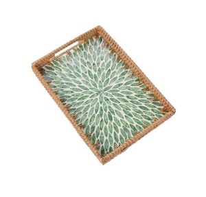 Handcrafted Rattan and Mother of Pearl Inlay Decorative <b>Tray</b> <b>Large</b> Rectangular Ottoman Coffee Table Serving <b>Tray</b> from Vietnam - Product Image 2