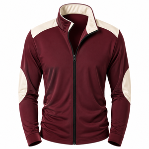 Blouson de sport pour homme en polyester tricoté respirant, couleur bordeaux, avec blocs de couleur, col montant et fermeture éclair, idéal pour l'automne - Product Image 1