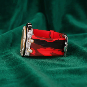 Reloj Cronógrafo de Lujo con Cuarzo, Bisel de Diamantes, Dos Tonos Oro y Plata, Correa de Goma Roja, Elegante y Moderno - Product Image 5