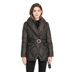 Women's <b>Quilted</b> Winter <b>Jacket</b> With Pillow Collar And Adjustable Waist Belt Full Sleeve Solid Color Thick Puffer Coat - Product Image 5
