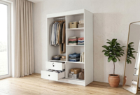 Armoire de chambre moderne et contemporaine en aggloméré plié, chêne blanc, 4 étagères, 2 tiroirs, pour usage domestique, hospitalier ou en villa, fabriquée en Malaisie