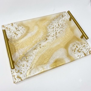 Wholesale Luxury White Flower <b>Epoxy</b> Resin Serving Tray With Gold Handles Decorative <b>Coffee</b> <b>Table</b> Centerpiece Vanity Platter - Product Image 6