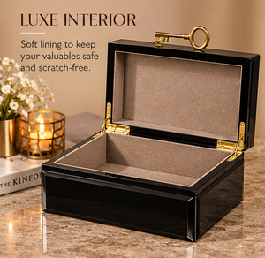 Black Glass Jewelry Storage Box with <b>Gold</b> Key Handle Glossy Finish Soft Lining Decorative Keepsake and Vanity Organizer - Product Image 1