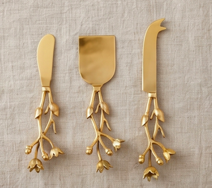 Golden <b>Cheese</b> <b>Knife</b> <b>Set</b> With Floral Handle Design Stainless Steel Blades Dishwasher Safe Durable Serving Tools For Kitchen Use - Product Image 3