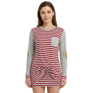 Vestido de punto de manga larga a rayas para mujer, con bolsillo y detalle de nudo, cuello redondo, ajuste holgado informal, de algodón y fibra de bambú - Product Image 1