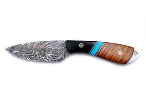 High contrast acid <b>etched</b> twist damascus steel prep Utility <b>Tool</b> Black Horn ,Turquoise Stone & Natural Wood Handle - Product Image 5