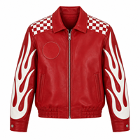 Blouson Bomber en Cuir Rouge pour Homme, Style Moto Biker, Patchwork Flamme, Écologique, Hiver, Col Montant, Fermeture Boutonnée, Coupe-Vent