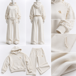 Luxury <b>Womens</b> <b>Cream</b> Pearl Embellished Hoodie Jogger Tracksuit Premium <b>Fleece</b> OEM ODM Custom Streetwear Apparel Set - Product Image 4