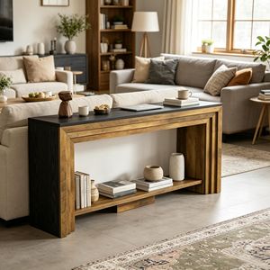 Table console rustique en teck pour l'ameublement de la maison avec un design moderne et un espace de rangement - Product Image 1