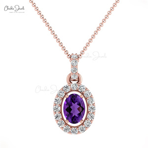 จี้เพชรทองคำแท้ 14k ทำมือ ประดับพลอยอเมทิสต์ทรงรีขนาด 7x5 มม. พร้อมวงแหวนเพชรแบบ Pave สำหรับเป็นของขวัญวันแม่ - Product Image 3