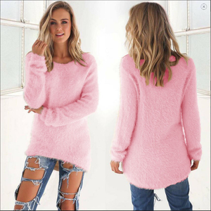 Chemisier surdimensionné décontracté pour femmes rose couleur unie col rond lâche coton tricoté pull chaud long pull Hipster Hipster vêtements - Product Image 1