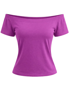 T-shirt femme violet orchidée, épaules dénudées, manches courtes, coupe ajustée, décontracté, été, coton doux, tee-shirt pour femme, fabricant OEM personnalisé - Product Image 1