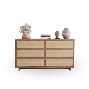 Modern Minimalist Solid Teak Wood <b>6</b>-<b>Drawer</b> Dresser with Rope Pull Handles Freestanding Eco-Friendly Design for Bedroom Storage - Product Image 2
