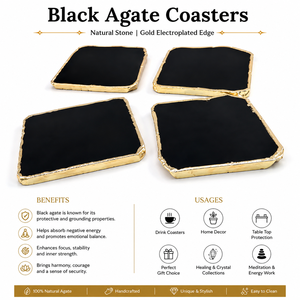 Wholesale Price Natural Black Agate Stone <b>Coasters</b> Gold Electroplated Edge Handmade Polished Crystal <b>Drink</b> Set Feng Shui Home - Product Image 6