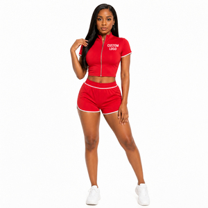 Custom Logo Women's <b>Red</b> 2-Piece Sporty Set Short Sleeve Zip <b>Crop</b> <b>Top</b> With Booty Shorts Breathable Knitted Gym Wear Spring Summer - Product Image 1