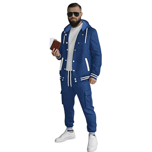 New Men's Casual Sporty Hooded Baseball Jacket Cardigan Long-Sleeve Work Pocket Long Pants Set Bangladesh 100% Cotton Fleece - Product Image 1