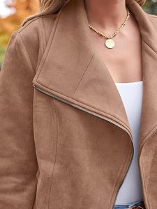 Chaqueta de Motociclista de Cuero PU Color Bronceado para Mujer, con Cierre de Cremallera, Cuello Redondo, Manga Larga, Estilo Otoñal - Product Image 4