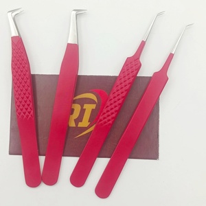 Pinzas para extensión de pestañas de acero inoxidable color rojo con logotipo personalizado OEM para salón de belleza, venta al por mayor, punta corta de 4 mm. - Product Image 3