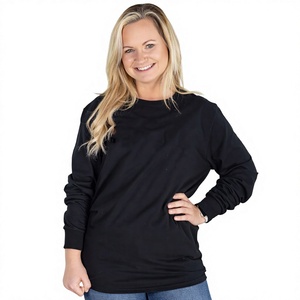 T-shirt noir à manches longues et col rond pour femme, coupe classique, en jersey décontracté 100 % coton, couleur unie, haut ample - Product Image 5