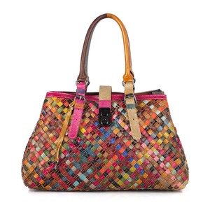 Sac Ando en cuir de vache véritable, sac fourre-tout tissé pour femmes, multicolore, double poignée, multi-compartiments - Product Image 2