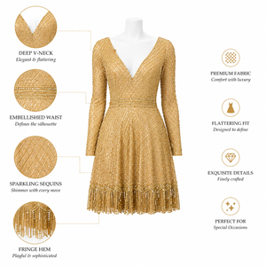 Robe mini de luxe en sequins dorés pour femme, col en V profond, manches longues, robe de soirée perlée, robe de cocktail élégante, tenue de soirée de créateur - Product Image 4
