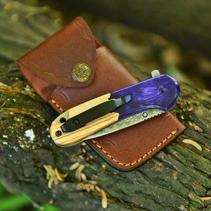 Custom Industrial Grade Damascus Steel Folding <b>Knife</b> Olive Wood Purple Resin Handle Clip Point 7.5 Inches EDC Pocket <b>Knife</b> - Product Image 2