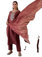 Ensemble Salwar Kameez Marron Brodé avec Dupatta, Kurta et Pantalon Traditionnels pour Femme, Tenue Décontractée en Mélange de Coton Séchage Rapide, RN Toutes Saisons