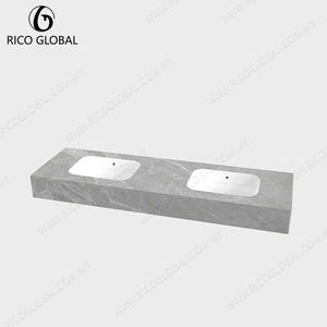 Meuble-lavabo mural rectangulaire en marbre poli avec double vasque et étagère de rangement en bois pour salle de bain, style minimaliste - Product Image 4