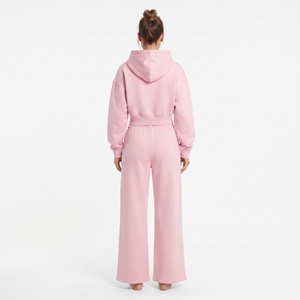 Conjunto deportivo de color rosa moderno para mujer, con sudadera con capucha y cremallera completa, hombros caídos y pantalones jogger de pierna ancha, 100% algodón polar, conjunto de dos piezas. - Product Image 4
