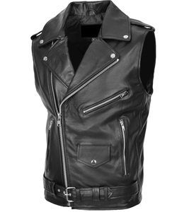 เสื้อกั๊กหนังแท้สีดำสำหรับผู้ชายสไตล์คลาสสิก ทำมือ งานหนังแท้ เสื้อกั๊กไบค์เกอร์ ตัดเย็บพอดีตัว เสื้อกั๊กขี่มอเตอร์ไซค์ - Product Image 2