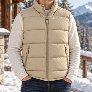 Unisex Beige Puffer Jacket Winter Warm Sleeveless Quilted <b>Gilet</b> High Collar <b>Lightweight</b> Custom Logo OEM Wholesale Casual Jacket - Product Image 1