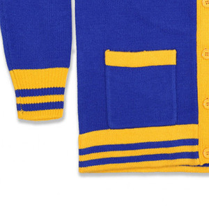 Cardigan pour femme, bleu et jaune, style preppy, col en V, manches longues, boutons sur le devant, poches, 100% acrylique, tricoté - Product Image 5