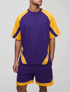 Conjunto deportivo de verano para hombre de alta calidad, camiseta raglán y pantalones cortos de dos piezas, ropa deportiva informal con bloques de color. - Product Image 4