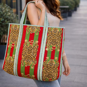 กระเป๋าโท้ทใบเล็กพิมพ์ลายบล็อกสำหรับผู้หญิง กระเป๋าถือสำหรับช้อปปิ้ง ไปเที่ยวทะเล ใช้ในชีวิตประจำวัน กระเป๋าถือแบบอินเดียดั้งเดิม สวยงาม หรูหรา - Product Image 1