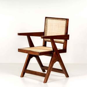 Fauteuil en bois massif style Pierre Jeanneret avec pieds en X et assise en rotin naturel pour salle à manger et bureau – Vente en gros - Product Image 1