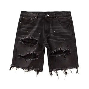 Pantalones Cortos de Mezclilla Negros para Hombre, Estilo Destroyed, con Agujeros, Dobladillo Deshilachado, Casuales, para Verano, Estilo Urbano - Product Image 1